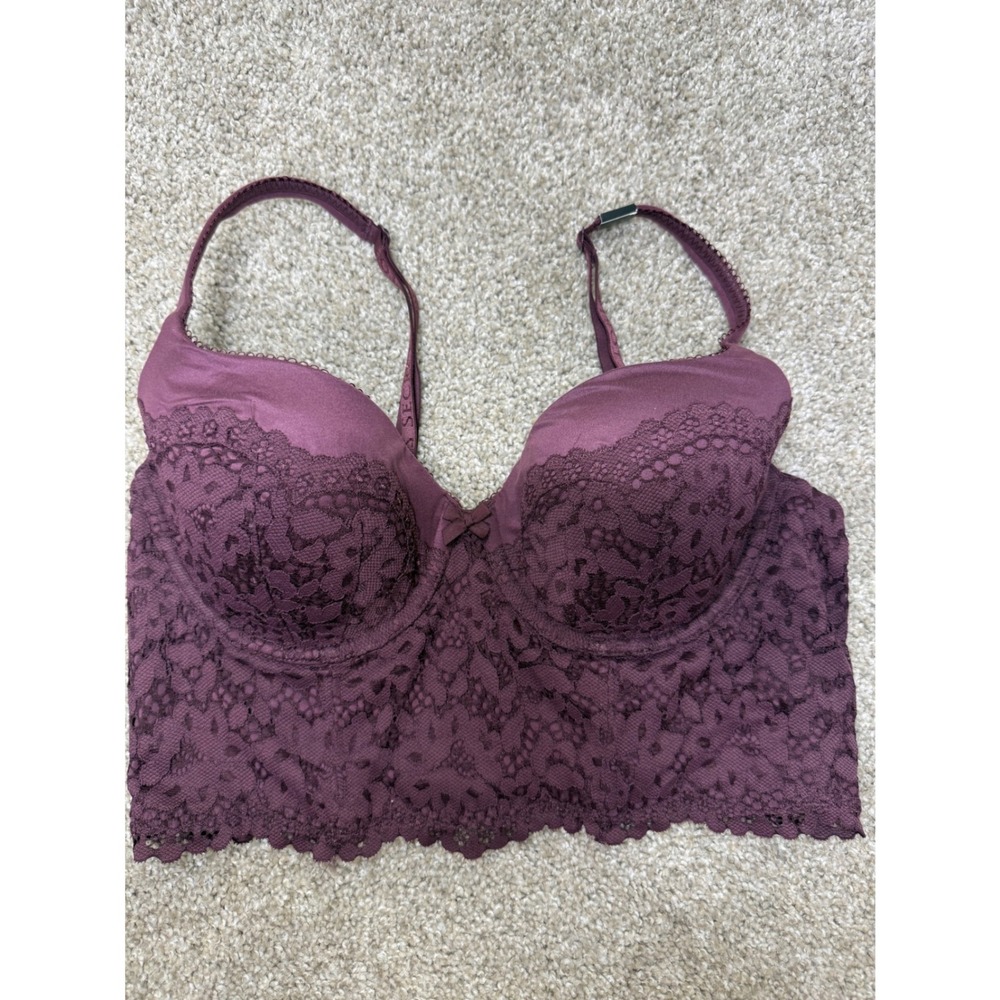 Victorias Secret Plum Purple Floral Lace Longline Underwire Bra 36C‎
